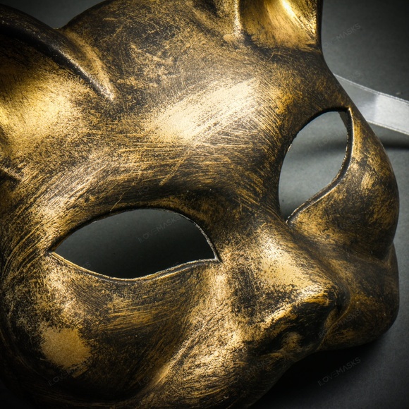 Black Venetian Gatto Cat Masquerade Wedding Party Face Mask with Brushed Gold - Picture 2 of 4